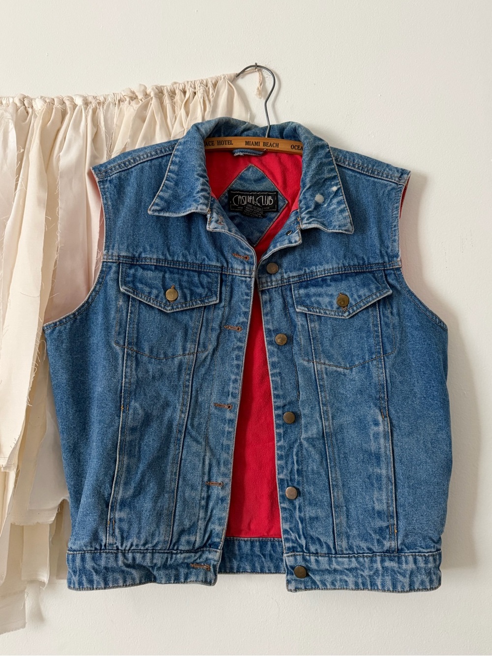 Vintage Casual Club Blue Denim Vest with Red Cotton Lining